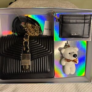 ALDO Black Quilted Crossbody Bag with Bear Charm